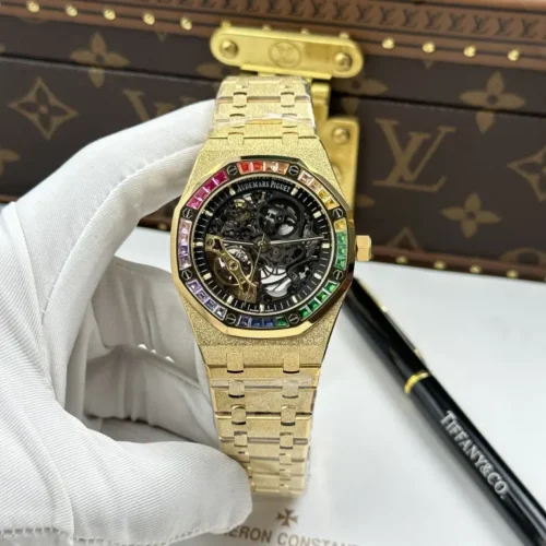 Audemars Piguet Royal Oak Openworked Frosted 15412 Case Yellow Bezel Stone Baguette 41mm
